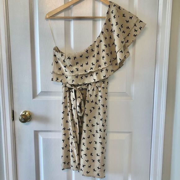 One Shoulder Dress, Poodle Print, Nude, Large - Picture 1 of 4